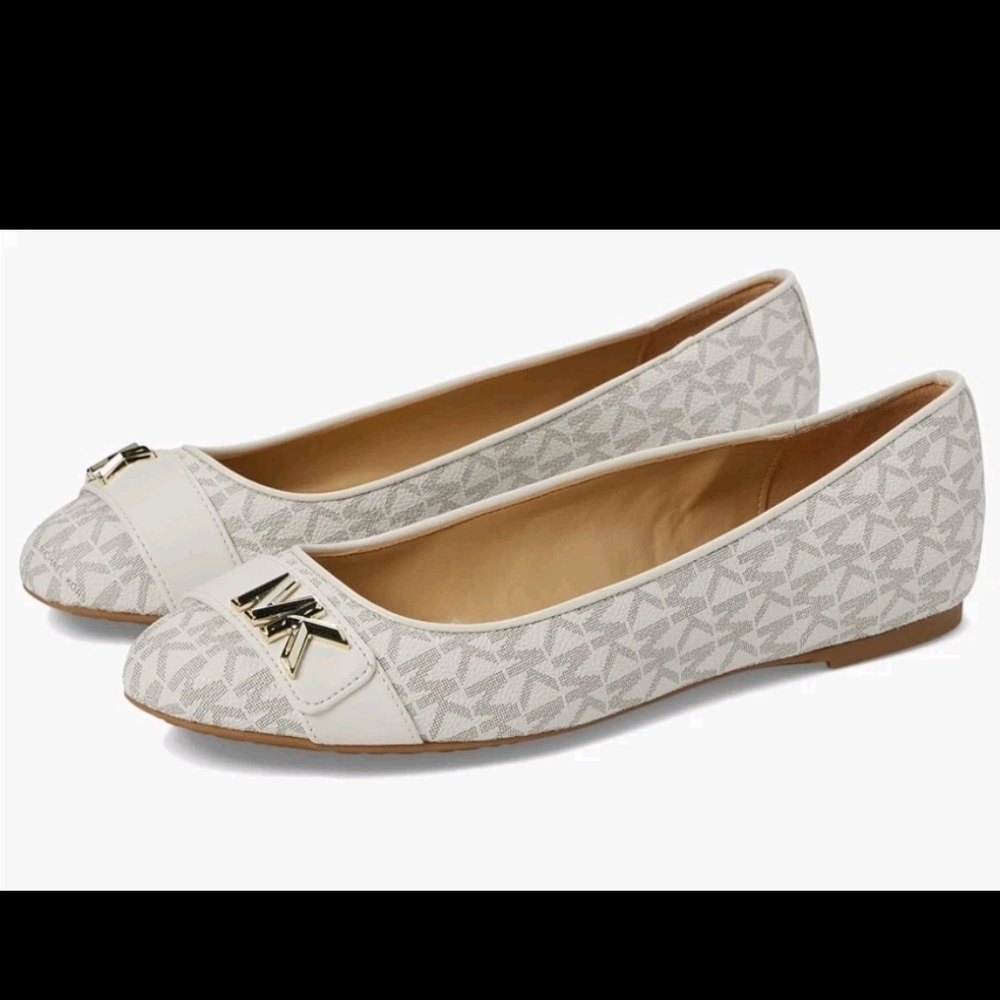 Michael Kors White Logo-Print Ballet Flats with Gold Accent